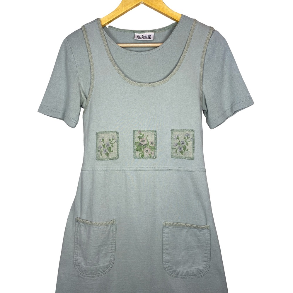 Nina Piccalino Vintage Sage Green Cotton Floral Patch Maxi Dress Womens Small - Picture 9 of 11